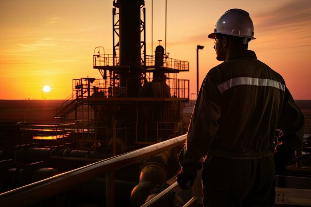 imgi 656 oil and gas industry background oil and gas workers are working in oil field oil rig worker at sunset ai generated free photo